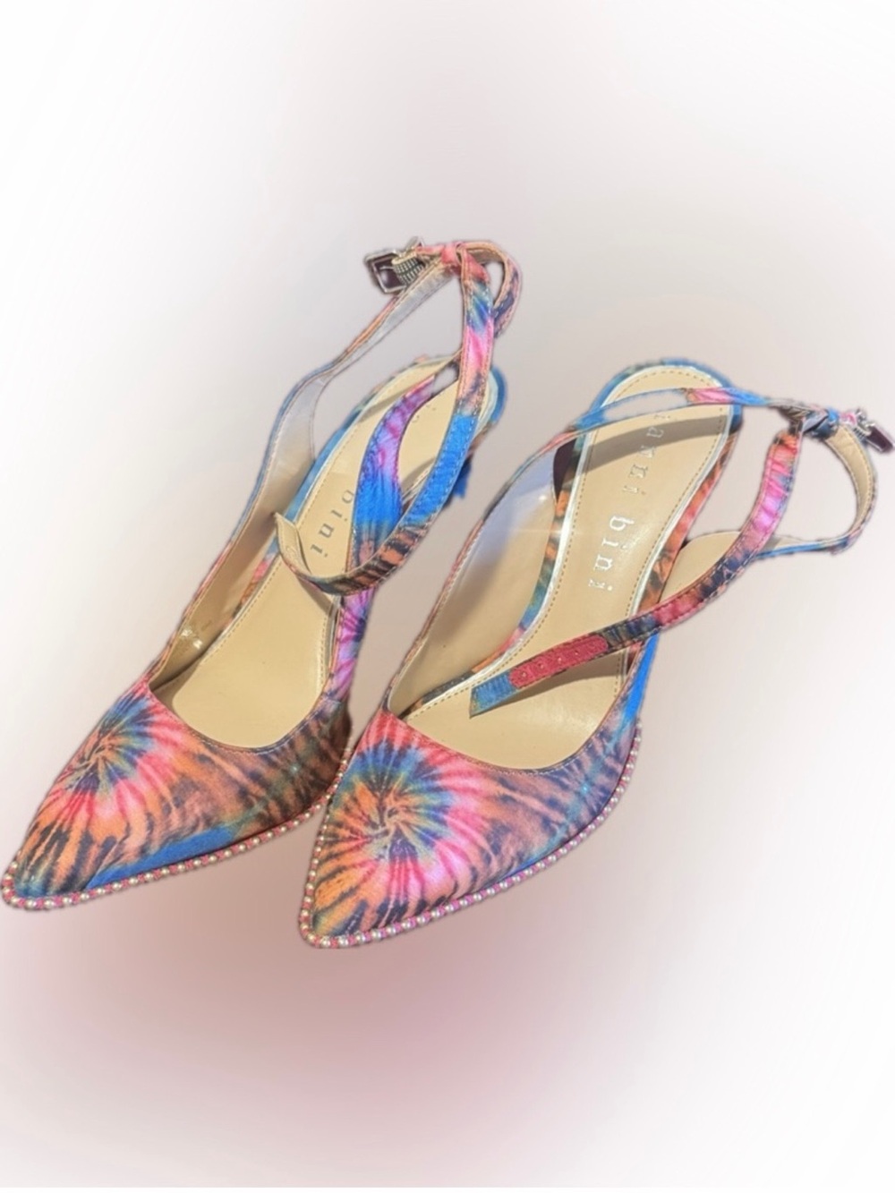 Gianni Bini Multicolor Tie-Dye Pointed Slingback Heels with Beaded Trim